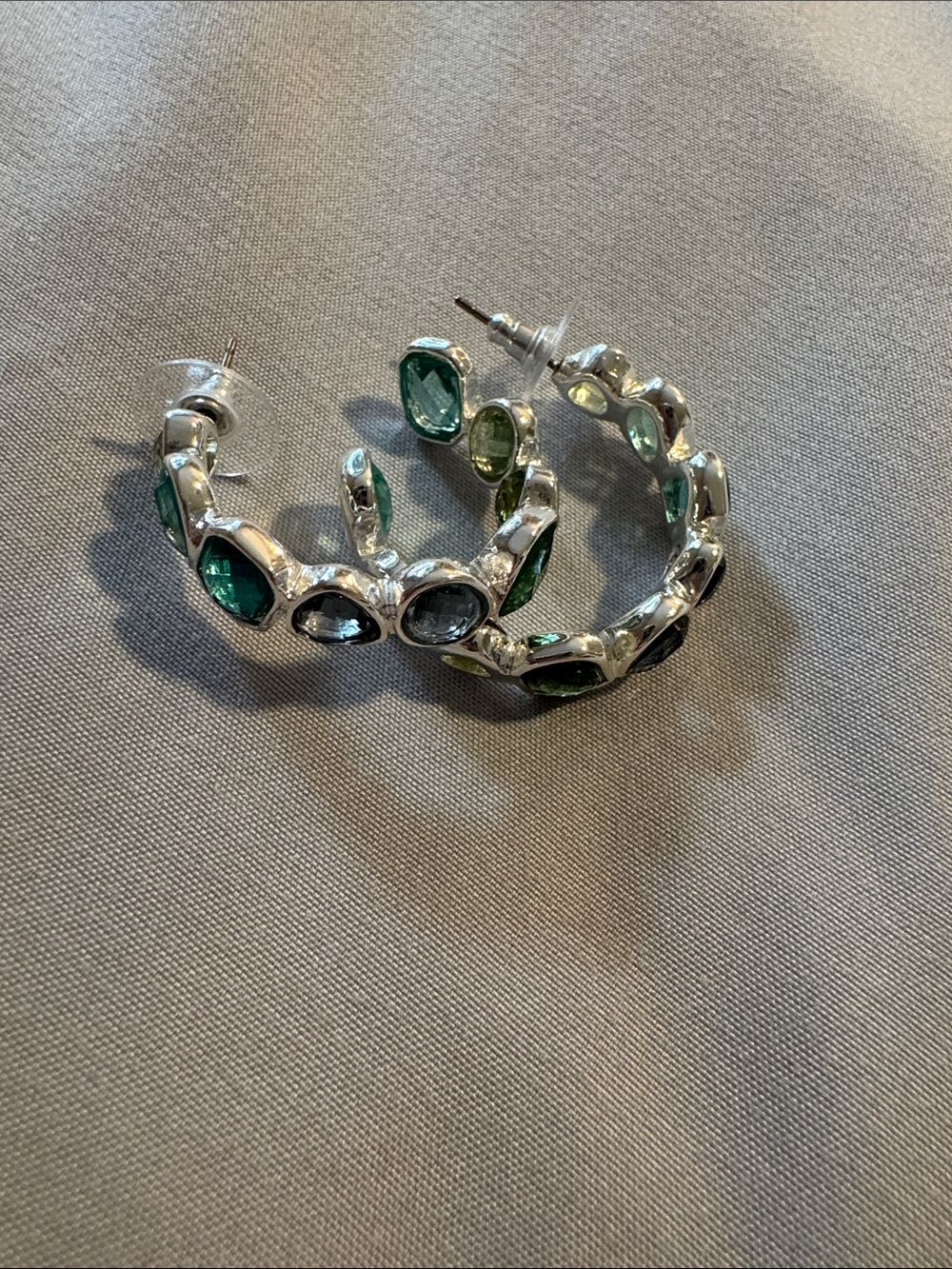 Anne Klein Silver Hoop Earrings with Green and Aqua Stones